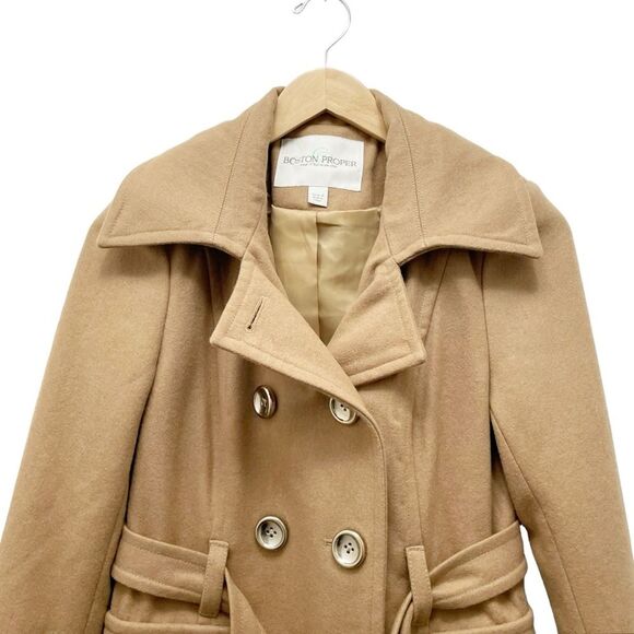 Boston Proper Wool Double Breasted Mid Length Belted Overcoat Camel Tan Size 4 - Picture 4 of 11